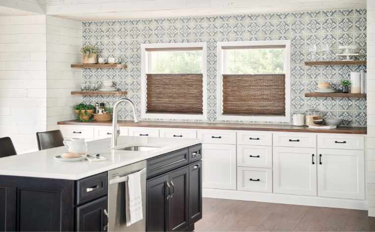 natural blinds in kitchen with blue backsplash